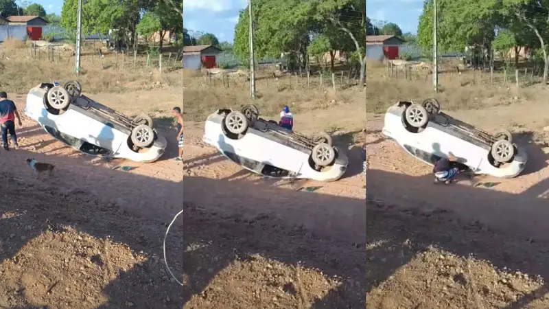 Carro fica destruído após capotar em Demerval Lobão e motorista sai