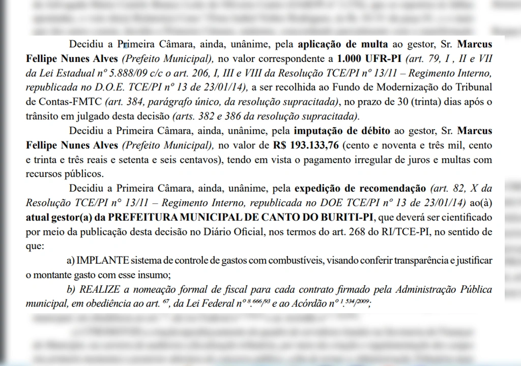 TCE determina que prefeito de Canto do Buriti terá que devolver mais de