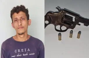 Bruno e arma de fogo apreendida (Foto: Reprodução)