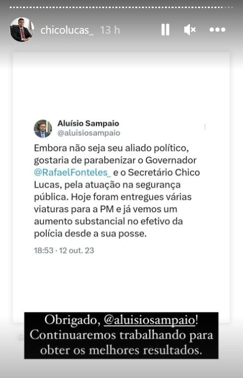 Postagem do vereador foi republicada por Chico Lucas
