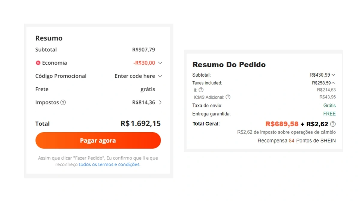 Valores de impostos em compras internacionais acima de U$ 50