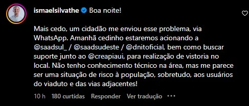 Comentário de vereador Ismael Silva