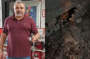 Marlo e o buraco que os criminosos fizeram para entrar no condomínio (Foto: Reprodução)