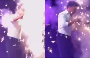 Zezé di Camargo leva susto ao ser atingido por fogos durante show em Teresina (Foto: Reprodução)