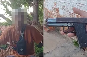Adolescente rendido por populares e arma encontrada com ele (Foto: Reprodução)