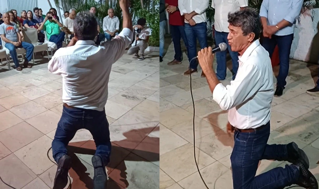 Ex-deputado Tererê faz discurso de joelhos para pagar promessa em Parnaíba