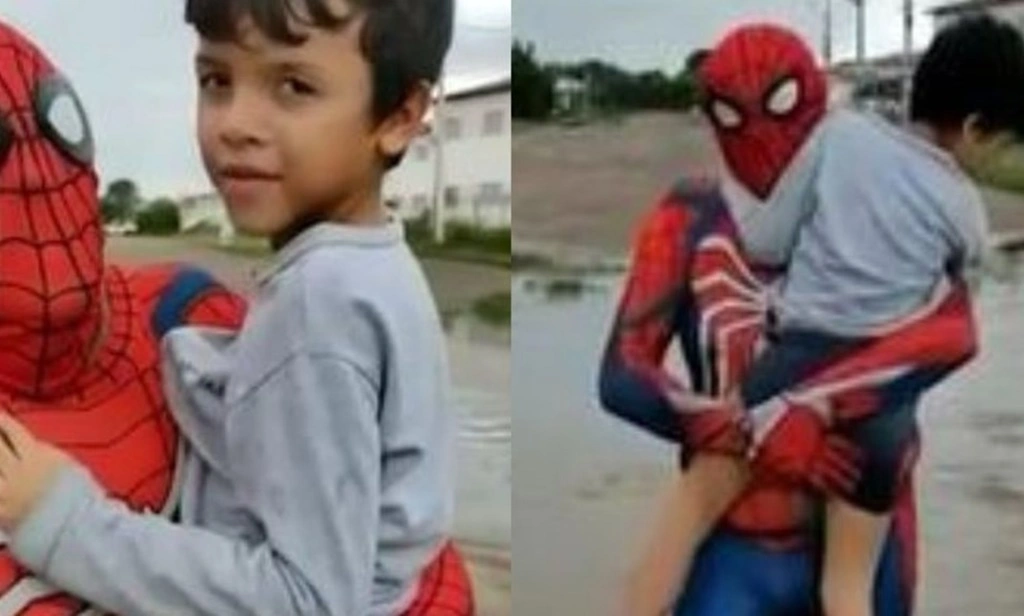 Homem-Aranha resgata menino durante alagamento em Teresina