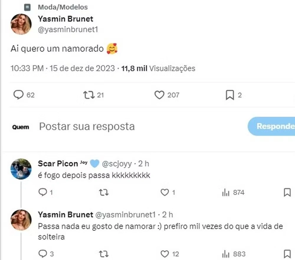 Publicação de Yasmin Brunet nas redes sociais