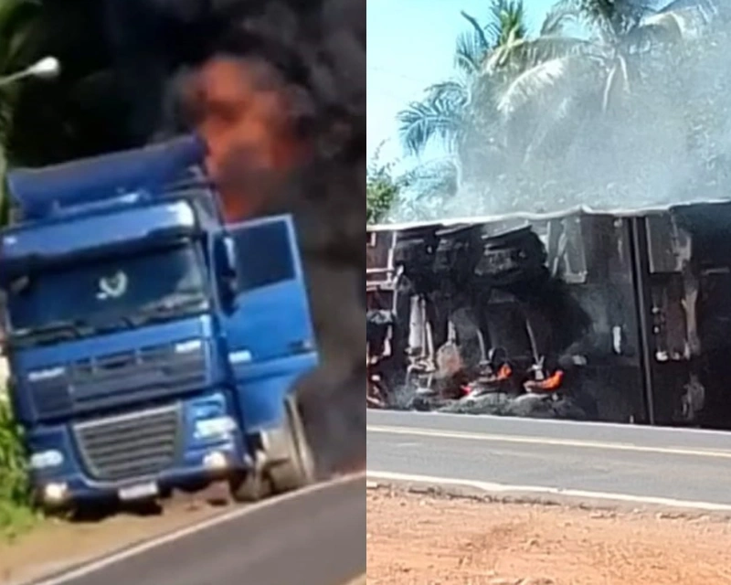Carreta pegou fogo e depois tombou