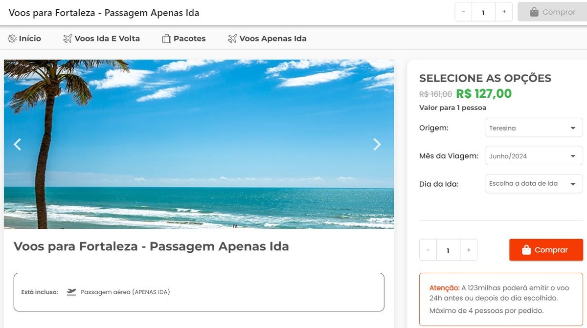 Passagem aérea somente de ida de Teresina/Fortaleza