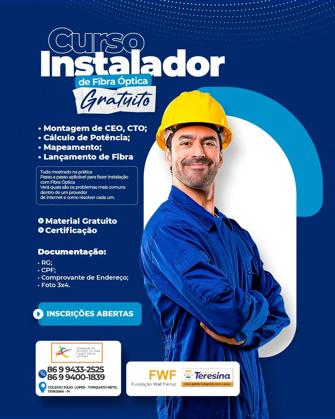 Cartaz do curso Instalador de Fibra Óptica.