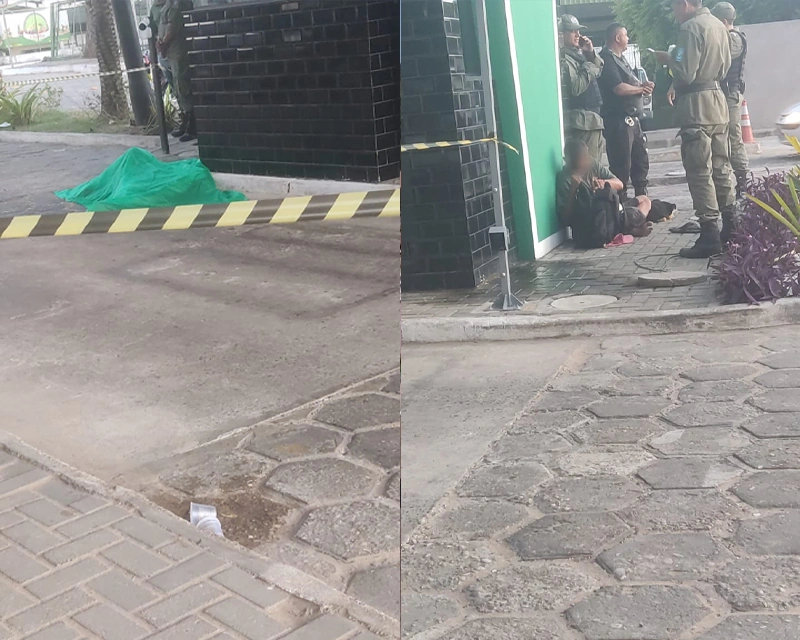 Corpo da vítima, à direita o suspeito que foi detido momentos depois do crime
