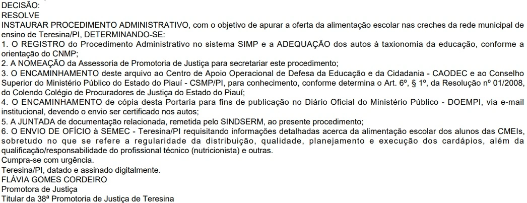 Procedimento administrativo instaurado