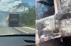 Carreta fica com a cabine destruída após ser atingida por incêndio na BR-343