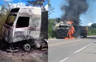 Carreta pega fogo na BR-343 entre Teresina e Altos (Foto: Reprodução/ Redes Sociais)