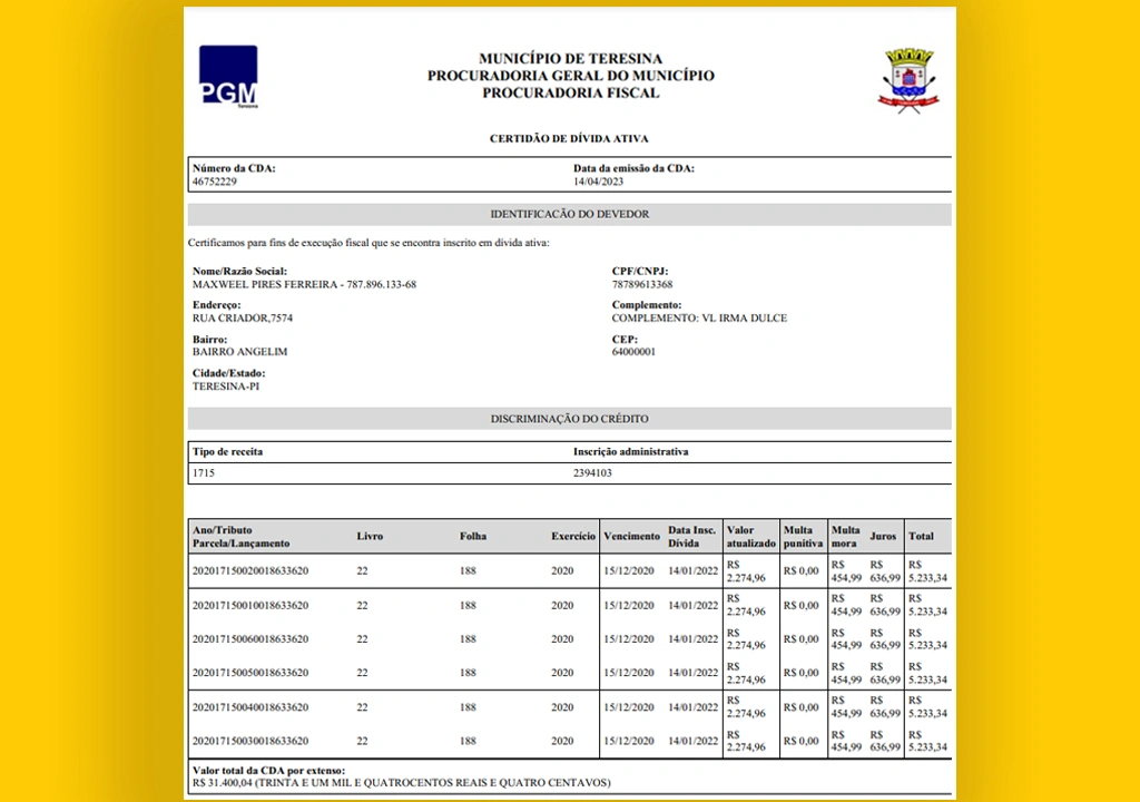 IPTU referente ao ano de 2020 no valor de R$ 31.400,04
