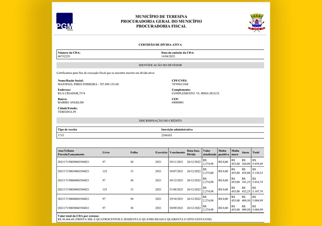 IPTU referente ao ano de 2021 no valor de R$ 30.464,48