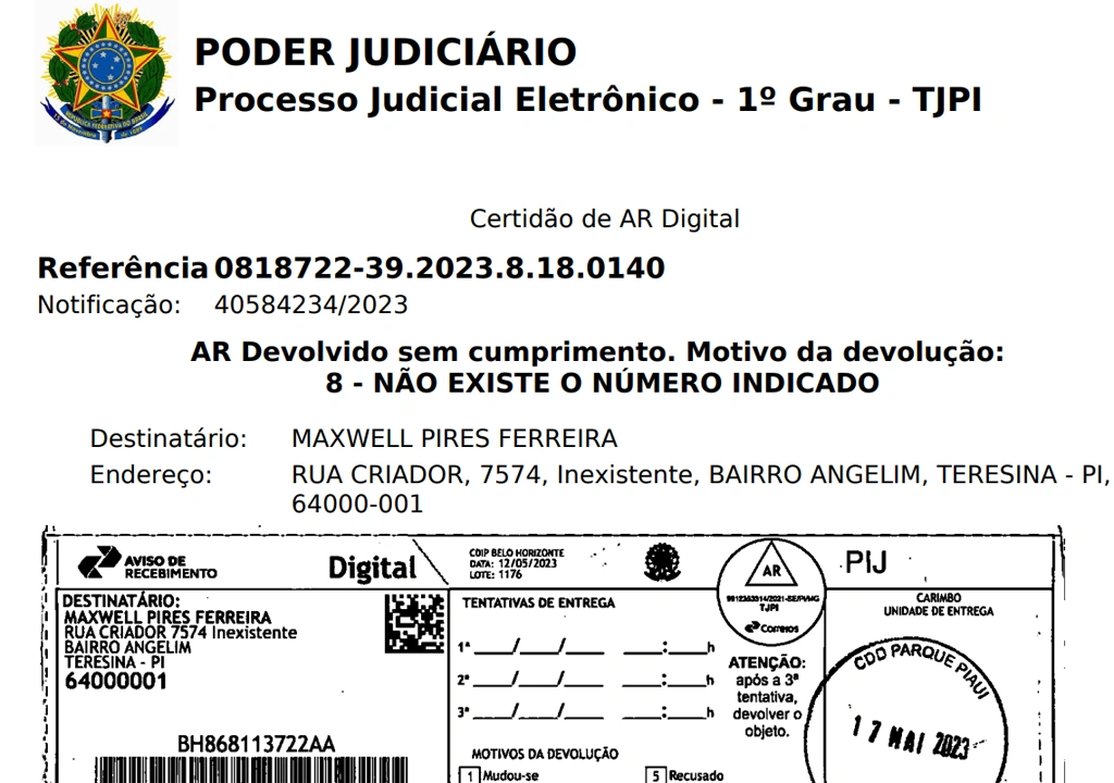 Prefeito não foi encontrado no endereço do imóvel que motivou a execução.