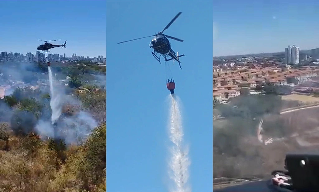 Helicóptero da PM debela incêndio em terreno baldio em Teresina
