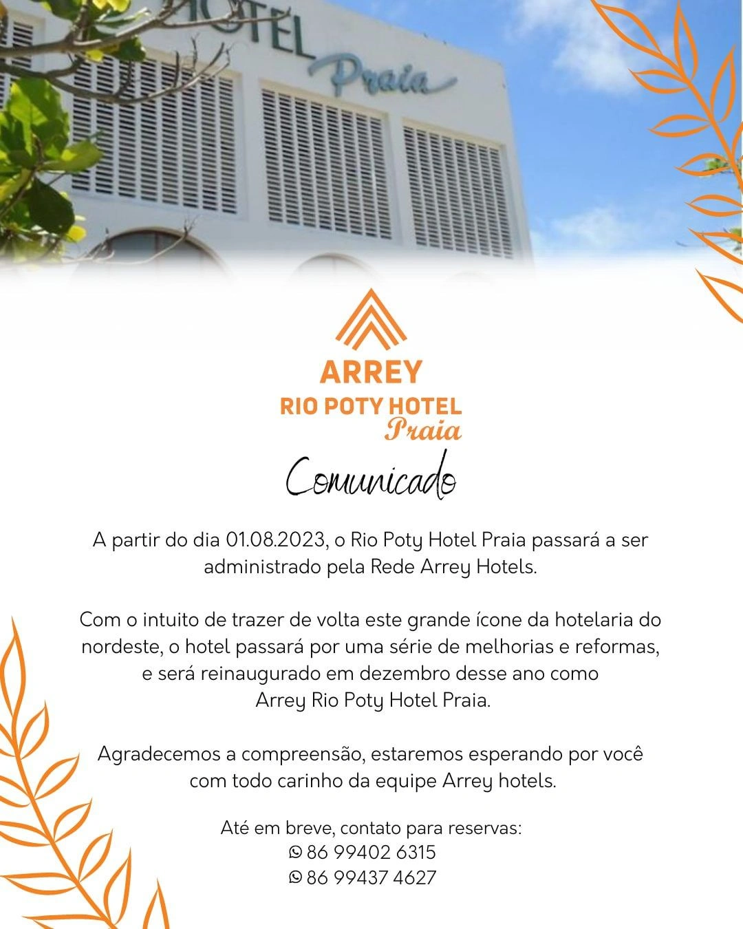 Nota postada no Instagram da Rede Arrey Hotels