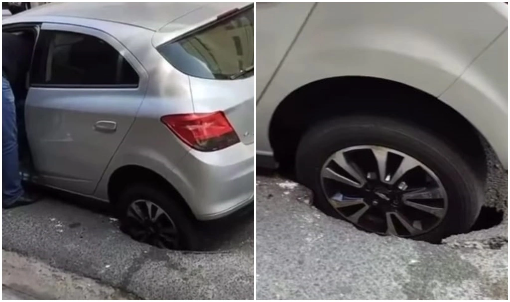 Buraco engole pneu de carro no Centro de Teresina