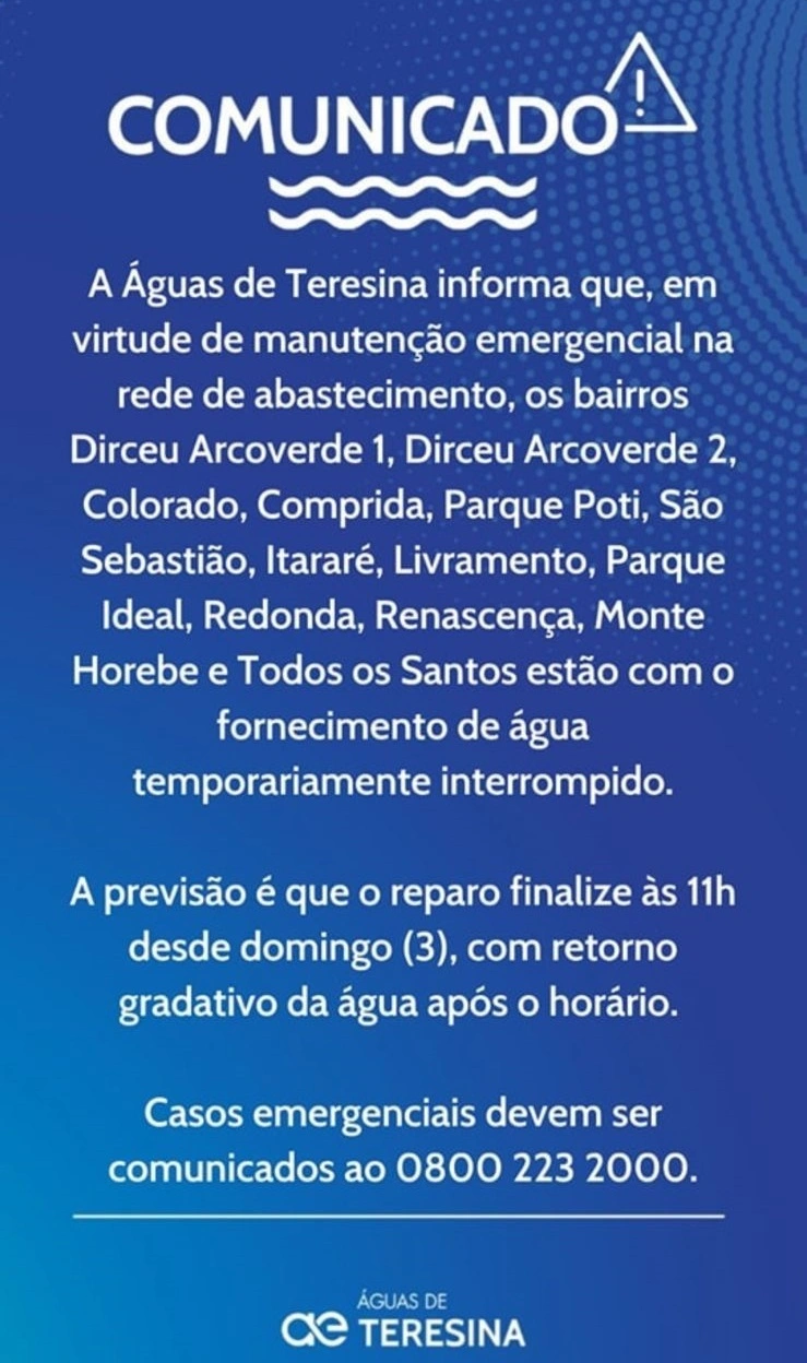 Comunicado da Águas de Teresina