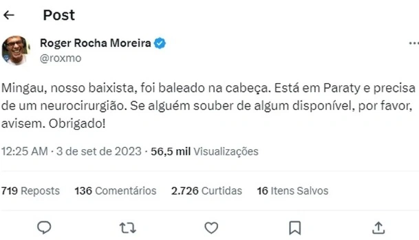 Post no Twitter de Roger Moreira