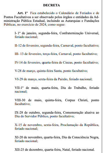 Calendário de feriados e pontos facultativos de 2024