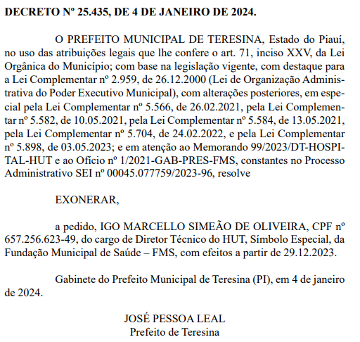 Exoneração foi publicada no Diário Oficial do Munícipio