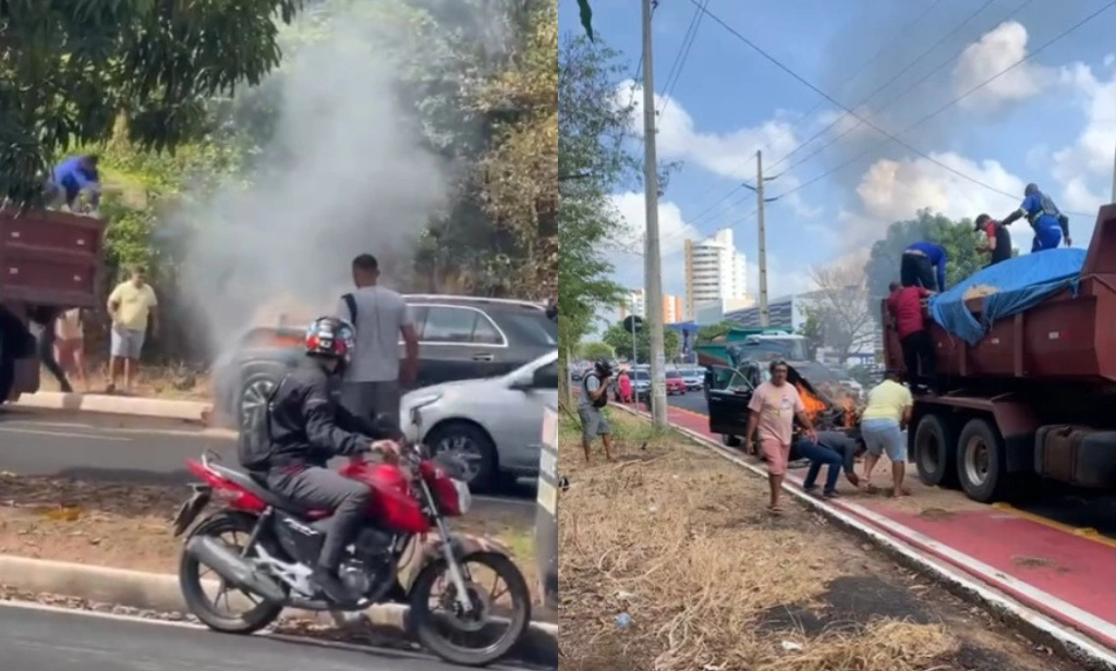 Carro pega fogo e pessoas jogam areia de caçamba para apagar incêndio em Teresina