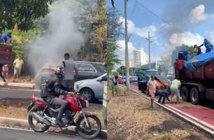 Carro pega fogo e pessoas jogam areia de caçamba para apagar incêndio em Teresina (Foto: Reprodução)