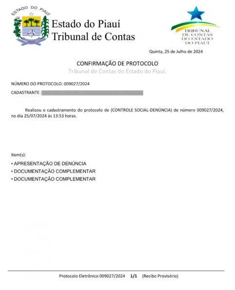 Denúncia está protocolada no TCE-PI sob o número 009027/2024