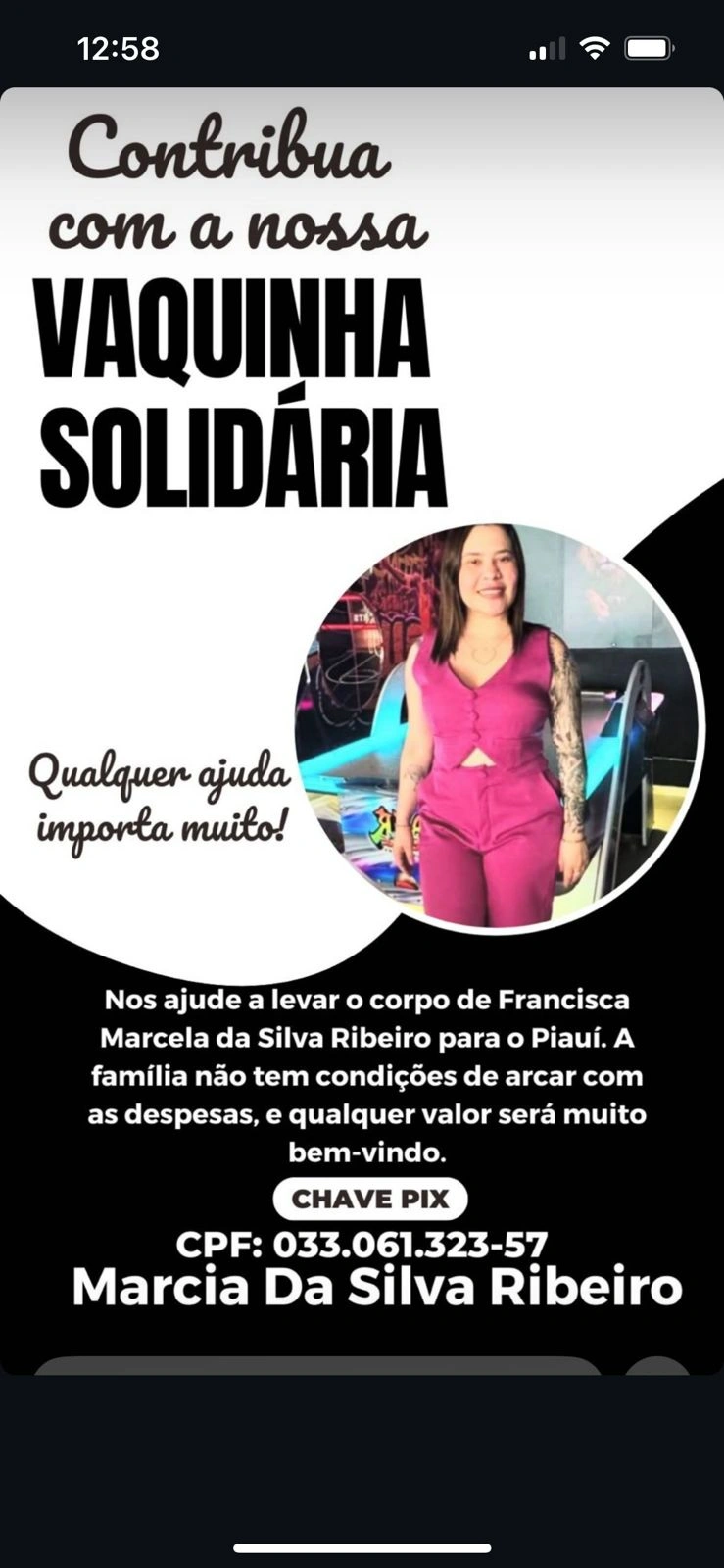 Família de Marcela faz vaquinha solidária