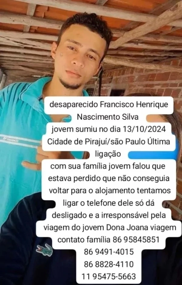 Jovem natural de Barras está desaparecido há 11 dias em SP; família faz denúncia