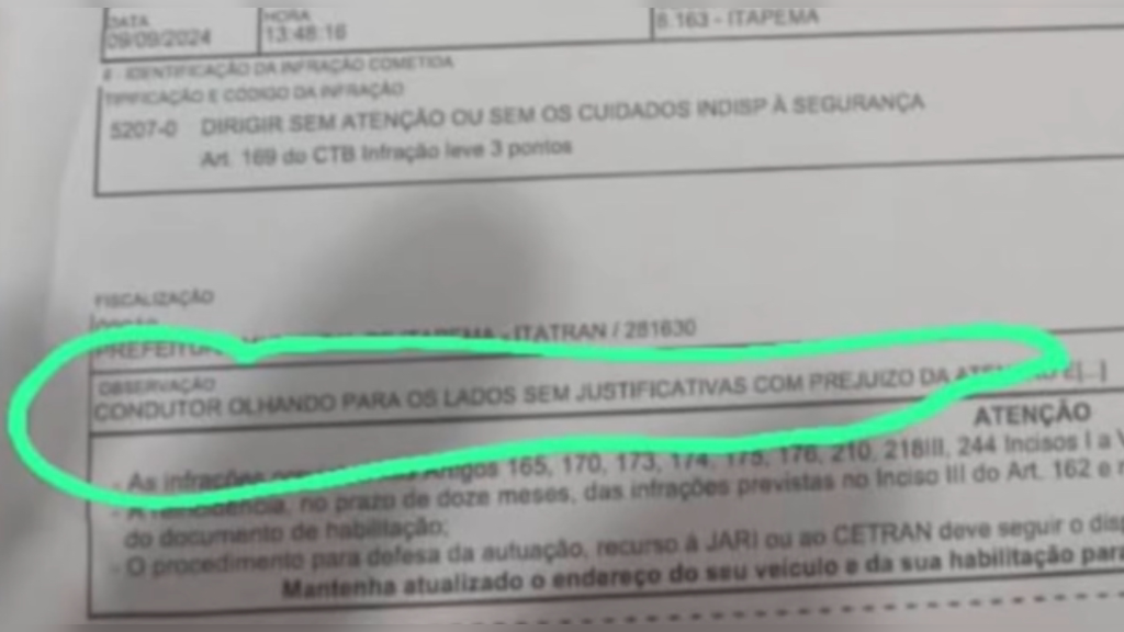 Motorista é multado por 'olhar para os lados' em cidade de Santa Catarina