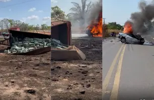 As vítimas estavam em um carro que colidiu com uma carreta carregada de arroz. (Foto: Reprodução)