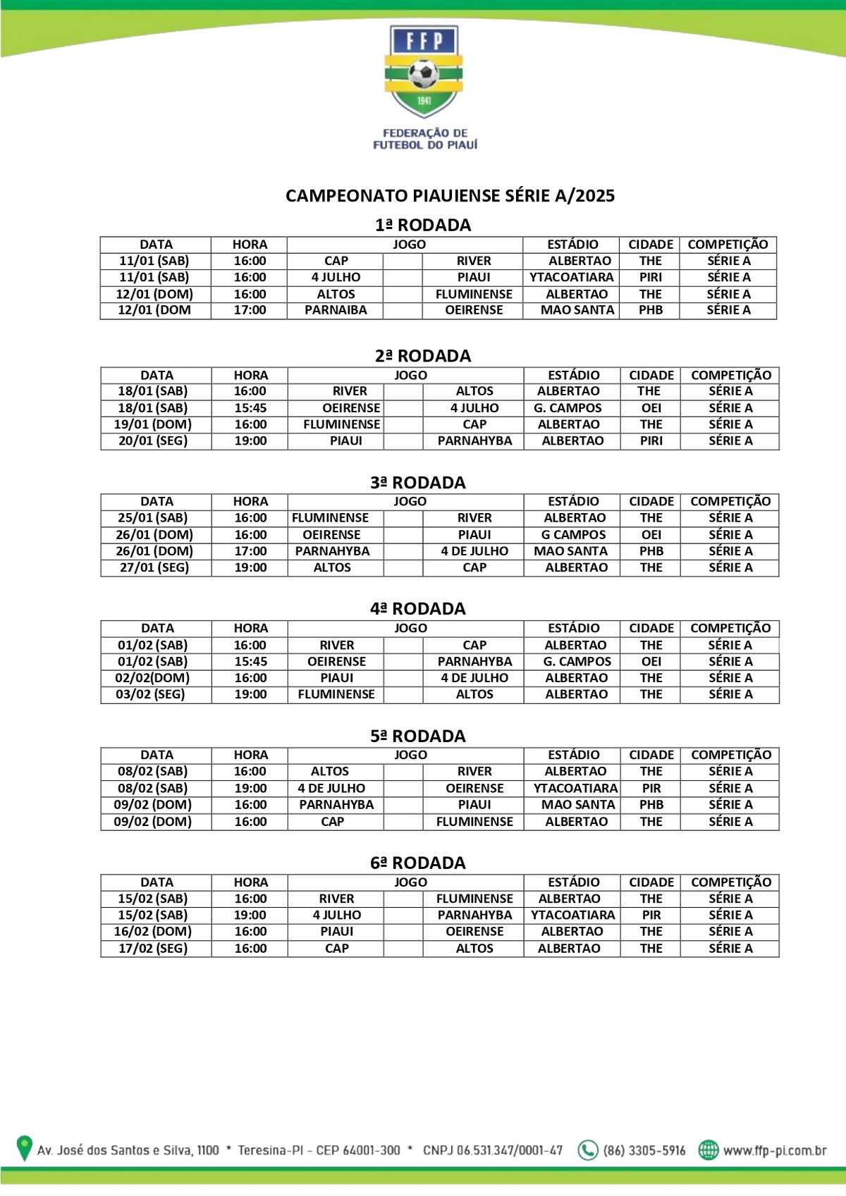 Tabela Campeonato Piauiense 2025