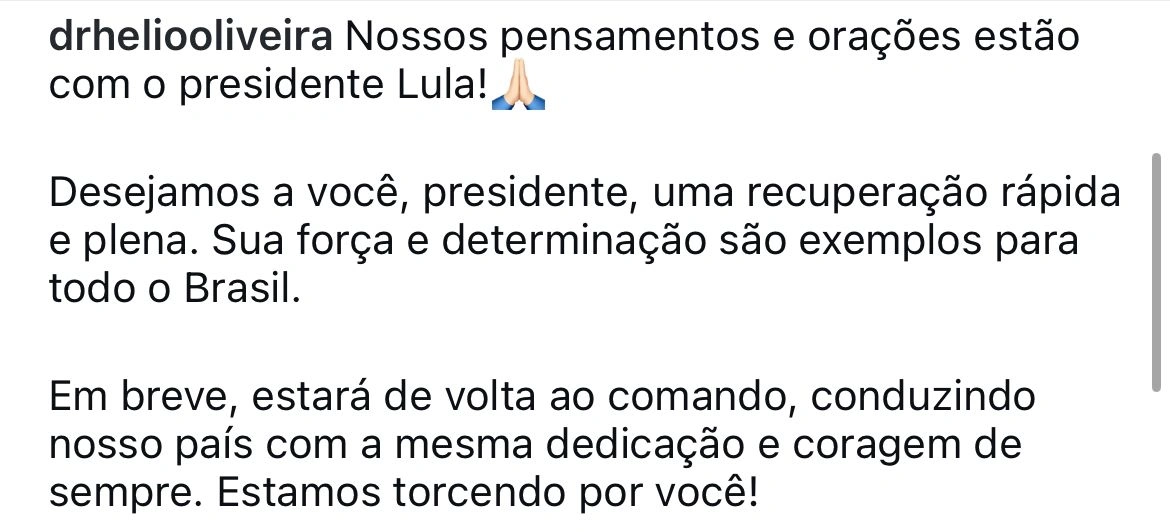 Parlamentares desejam melhoras ao presidente Lula
