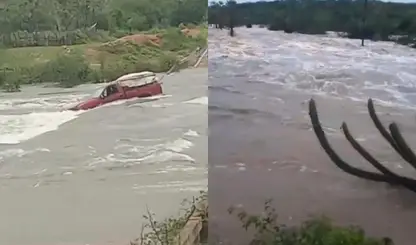 Vídeo: Barragem transborda e forte correnteza arrasta carro em município do Piauí
