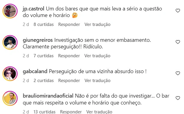 Comentários nas redes sociais