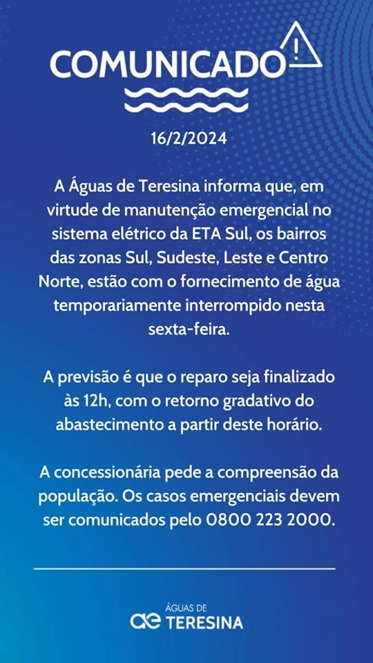 Comunicado da Águas de Teresina