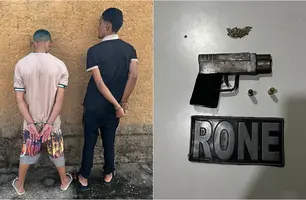 Dupla e arma apreendida pela polícia (Foto: Reprodução)