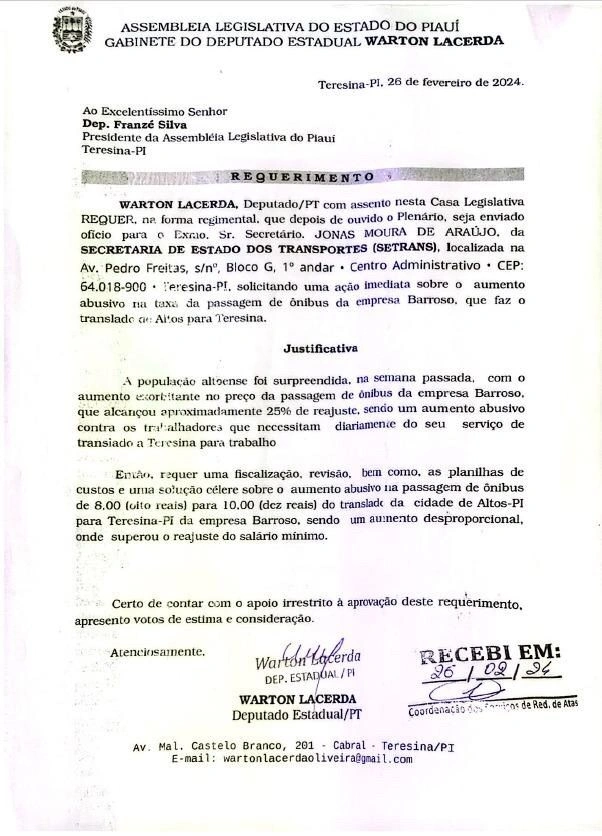 Requerimento sobre aumento na passagem de ônibus de Altos para Teresina