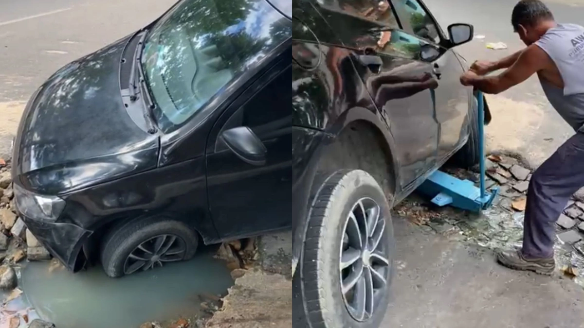 Carro de motorista por aplicativo cai em buraco de avenida na zona Sul de Teresina