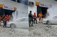 Carro pega fogo em posto na zona Leste de Teresina e chamas são contidas