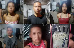 Suspeitos e fotografia da arma encontrada no celular de um deles (Foto: Reprodução)
