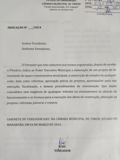Vereador de Timon defende isenção de taxas e tributos para templos religiosos