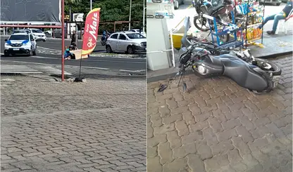 Motocicleta vai parar em posto de gasolina após colidir em carro em Teresina