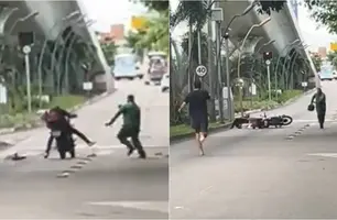 Assaltante atrapalhado é empurrado por vítima (Foto: Reprodução)