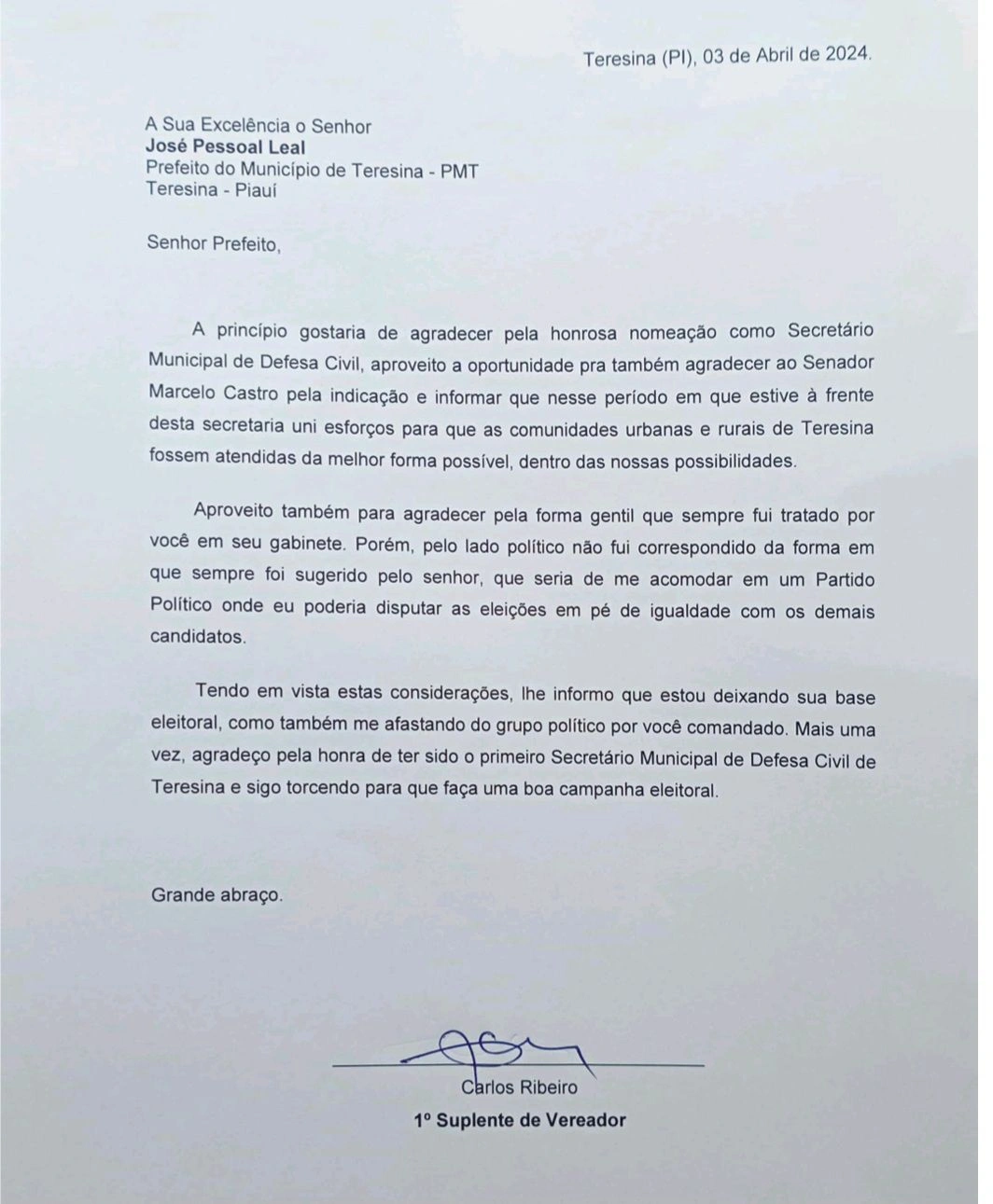 Carta enviada por Carlos Ribeiro